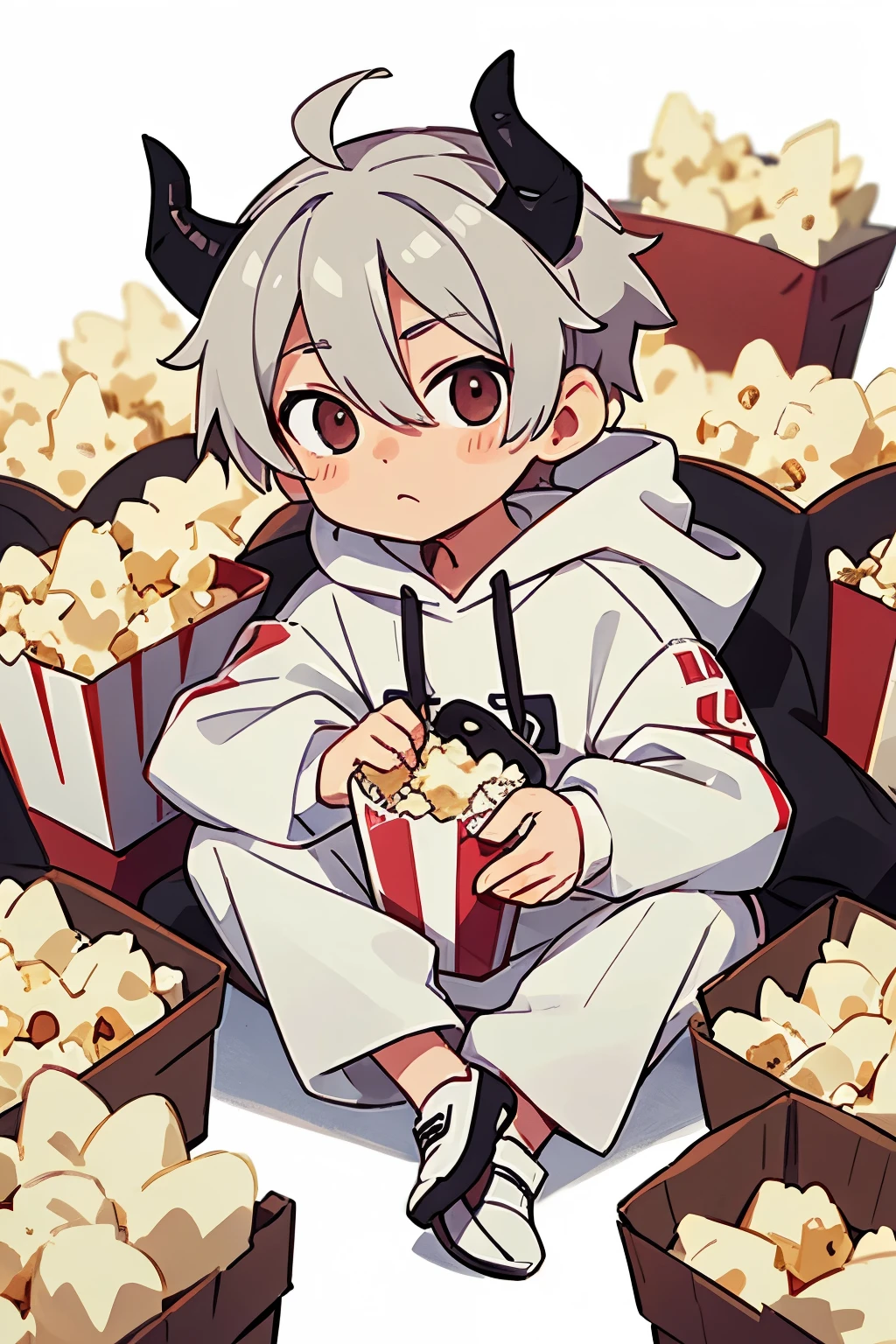 chibi drawing, Boy, white, with gray hair, wearing a white hoodie and black demon horns, with popcorn in hand