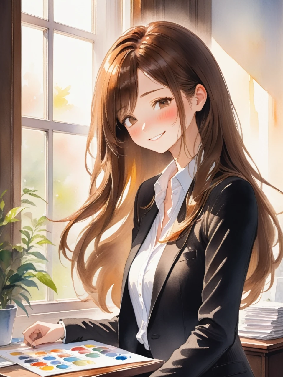 アニメのwoman、Long Hair、Brown Hair、Close your eyes and smile、adult、woman、refreshing、vivid、Lively、A very detailed watercolor painting、The soft light is hitting my face、adultのwoman、office、Window、Straight Hair、Slim figure、Black suit、Wearing a white shirt、adultのwoman、