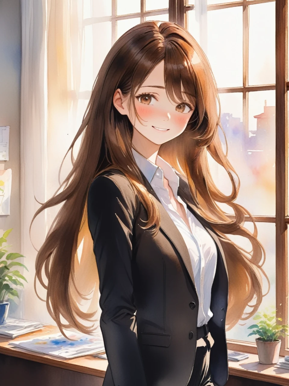 アニメのwoman、Long Hair、Brown Hair、Close your eyes and smile、adult、woman、refreshing、vivid、Lively、A very detailed watercolor painting、The soft light is hitting my face、adultのwoman、office、Window、Straight Hair、Slim figure、Black suit、Wearing a white shirt、adultのwoman、