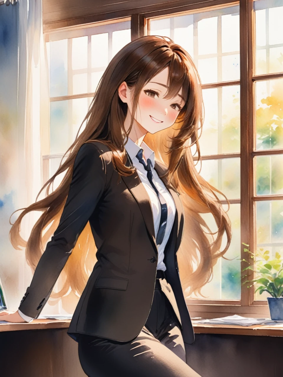 アニメのwoman、Long Hair、Brown Hair、Close your eyes and smile、adult、woman、refreshing、vivid、Lively、A very detailed watercolor painting、The soft light is hitting my face、adultのwoman、office、Window、Straight Hair、Slim figure、Black suit、Wearing a white shirt、adultのwoman、