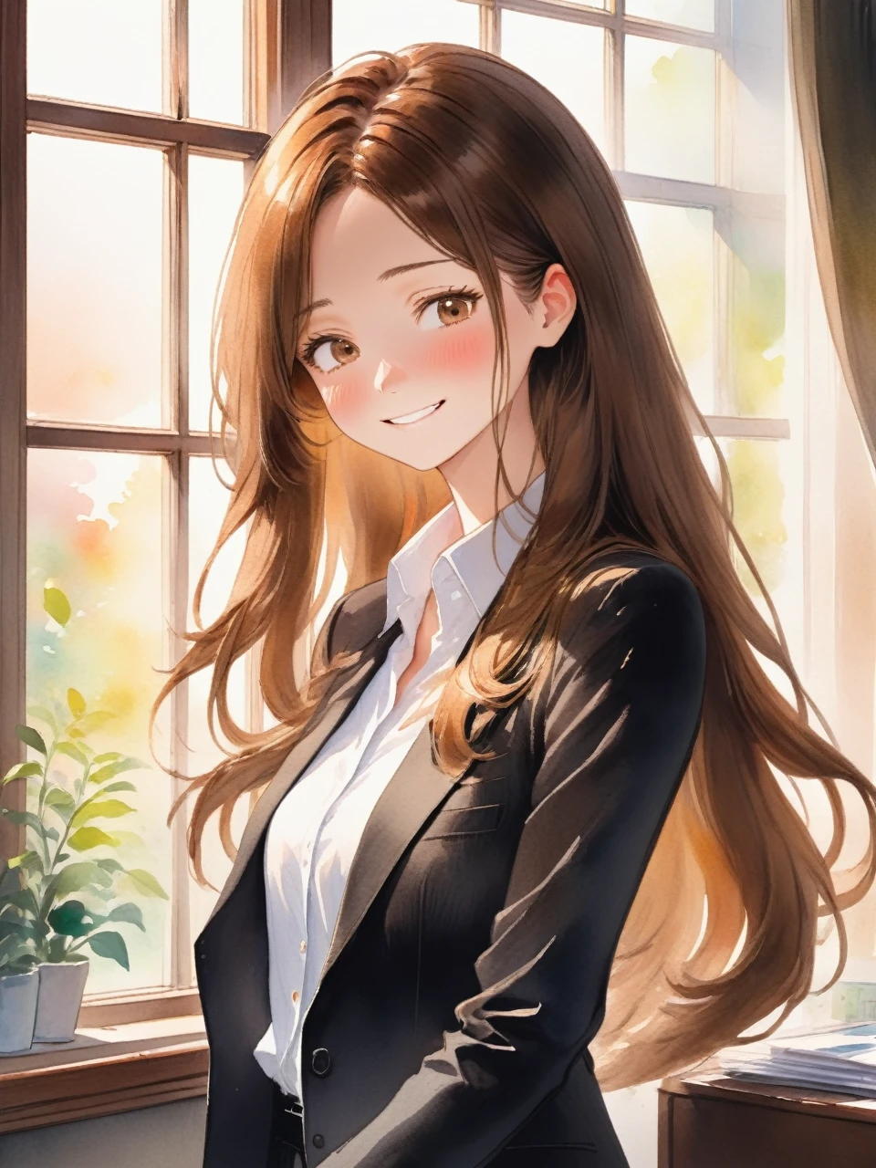 アニメのwoman、Long Hair、Brown Hair、Close your eyes and smile、adult、woman、refreshing、vivid、Lively、A very detailed watercolor painting、The soft light is hitting my face、adultのwoman、office、Window、Straight Hair、Slim figure、Black suit、Wearing a white shirt、adultのwoman、