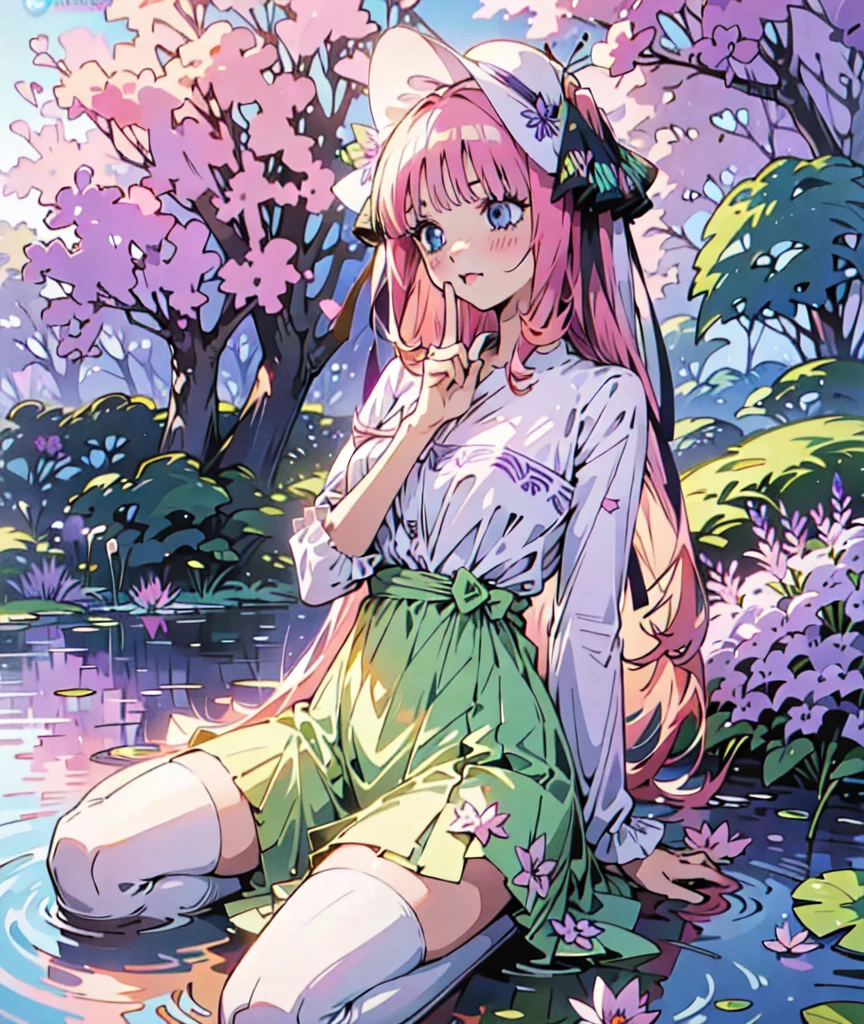 Nino nakano, dressed as sweetie belle from my little pony, solo, 1 girl, in a mythical garden: 2.0, (pink hair, coil curls: 2.5, dark blue heavenly eyes: 1.5, wearing a green and white dress, happy: 1.5, soft smile, her surroundings are ethereal, ((ultra realistic high quality top quality 4k)), one white thin really thin unicorn horn in her forehead: 3.0, bright sunny day: 1.urple and green flowers everywhere: 3.2, bushes, POND WITH LILY PADS: 3.0, jacaranda trees: 2.0, highly detailed jacaranda trees, green grass: 1.3, wearing a white summer hat with purple ribbon, summer dress with flower patterns, dainty features: 2.0,  like features: 2.0 two white cat ears: 1.0, ONE WHITE THIN THIN REALLY THIN HORN ON HER FOREHEAD, two white cat ears, pure white skin, green thigh high, highly detailed legging, purple heel, shiny hair, slightly shiny skin, sun rise, morning, shining ponds, lavender flower everywhere, shining eyes, soft gentle smile cute pink soft light blush,