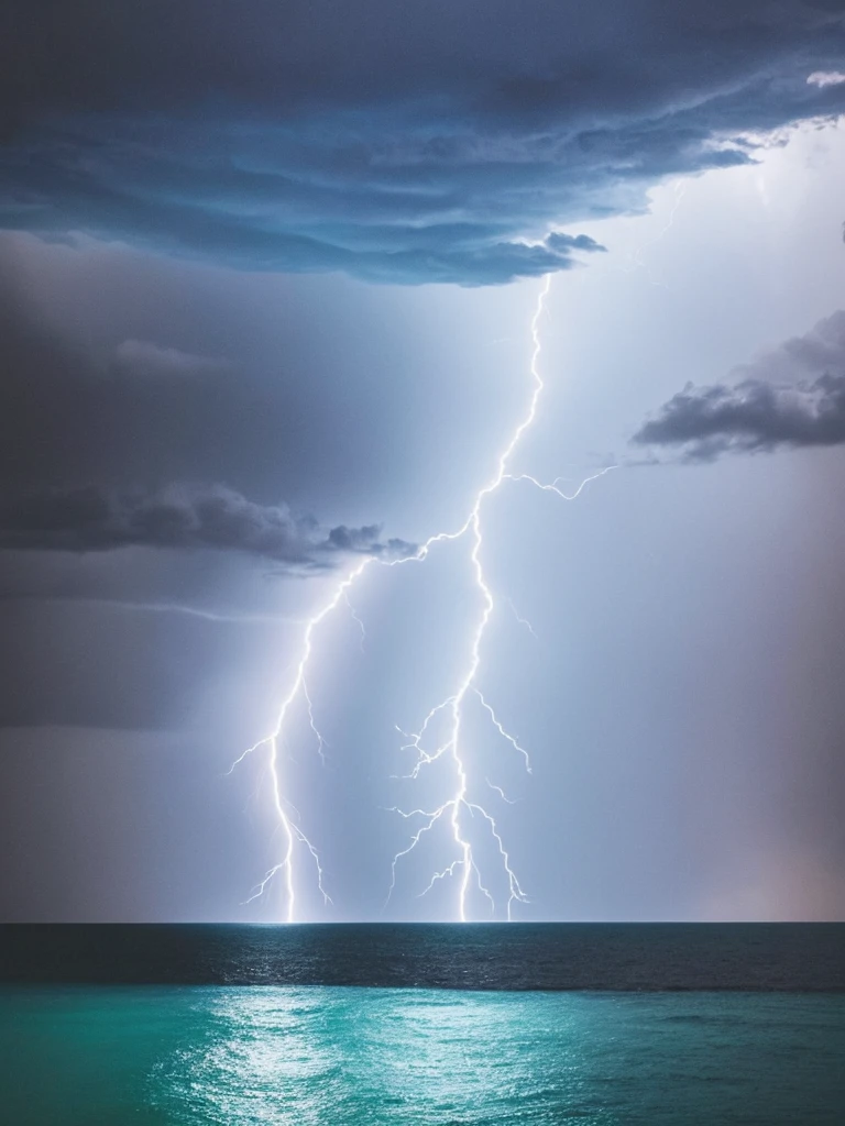 a close up of a lightning bolt hitting a cloud over a body of water, dark storms with lightning, night sea storm, stormy weather with lightning, lighning storm, storm at night, dark clouds and lightning, storm at sea, magic storm and thunder clouds, lightning storm, cyan lightning, ominous nighttime storm, thunder storm, storm on horizon