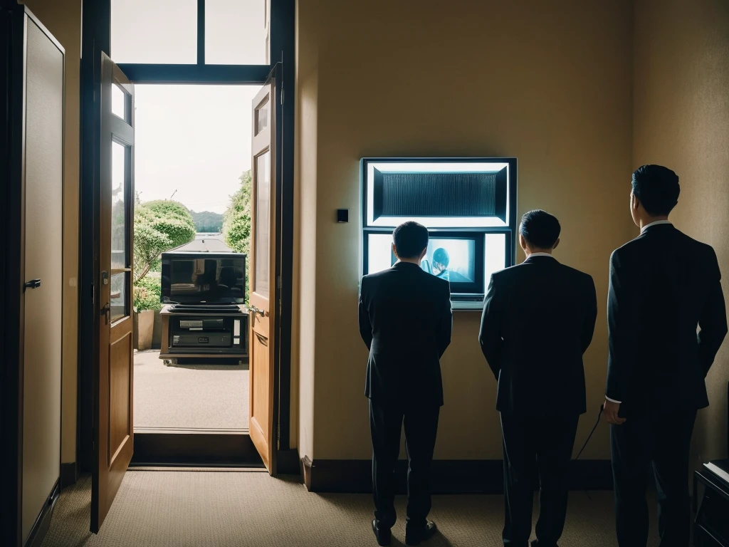 Several men in suits are standing at the entrance to a funeral hall with a single television, Funeral, Photo taken from behind,Screen 16：9, watching tv, beautiful photo, Sunny place, External light, 数人がwatching tv