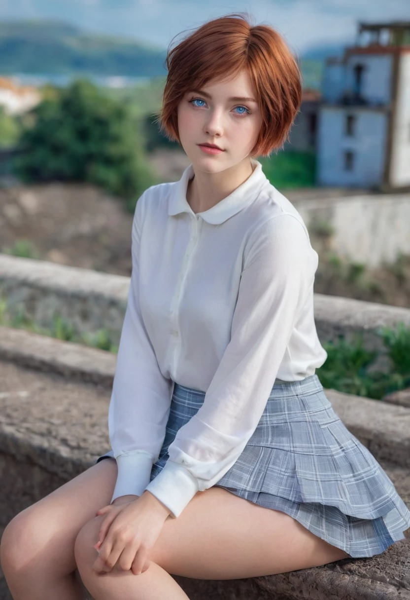 Women,protagonist,16 years old,hopeful face,blue eyes,short hairstyle,reddish hair with white gray,, with skirt,pantis visibles, sitting