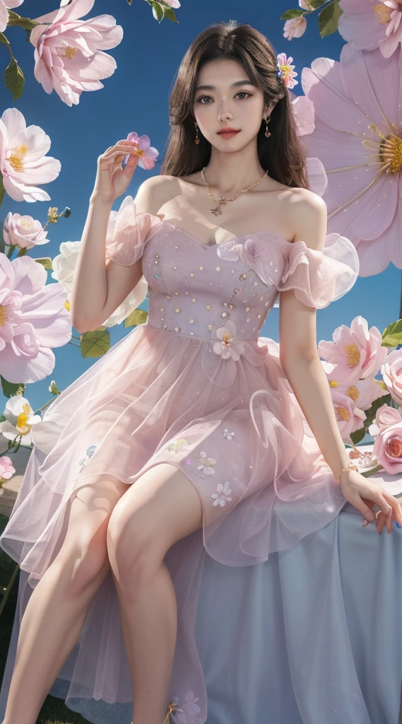 (best quality),[masterpiece],((beautiful:0.75) cute girl:0.75),[clear and clean] pixiv (illustration),long hair,knees up,necklace,jewelry,standing,looking at viewer,front lens,blue flower,(surrounded by flower:1.3),too many flowers,(floral background:1.2),(multicolored flowers:1.2), 
dress,