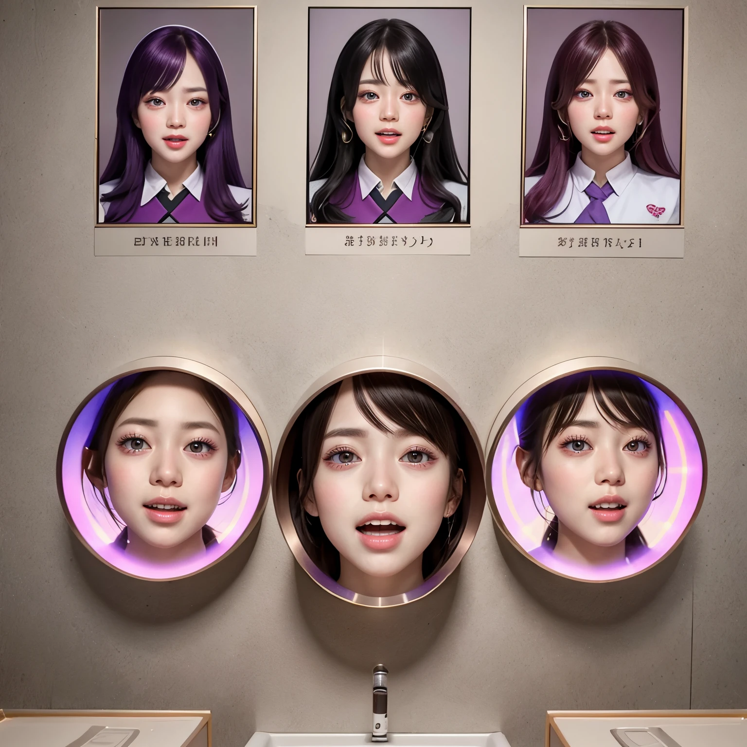 (Glory wall pose:1.2), SchoolGirls wearing uniforms, RedRibbon, PUNIPUNI Radiant PearlSkin with Transparency, no legwear, PriceTags NamePlate . (Character concept art:1.37), Different types of hair colors, (((NOGIZAKA face variations)))  Extremely Detailed very KAWAII face variations, perfect anatomy, Childish CaptivatingGaze Elaborate Pupil with (sparkling highlights:1.2), DoubleEyelids with Detailed[Voluminous LongEyelashes], Small GlossyRedLips with BeautifulDetails, CoquettishTongue, PUNIPUNI RosyCheeks  { (Dynamic Joyful Expressions LifeLike Rendering:1.4) | (:d) }, (large eyes:-1) . (Acutance:0.8) NSFW_MouthGloryHole_ownwaifu (Assfocus)