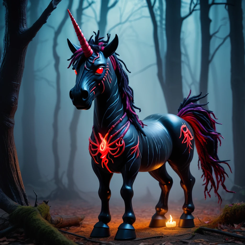 (knitted toy voodoo:1.7), (Voodoo Unicorn:1.3), (Appearance: dark and twisted unicorn with black fur and glowing red eyes:1.0), (Accessories: enchanted horn emitting a cursed glow, floating dark runes:1.1), (background: haunted forest with twisted trees, eerie fog, and an atmosphere of ancient dark magic:1.2), best quality, masterpiece, detailed soft oil painting, detailed background, dramatic cinematic lighting, soft edge lighting, professional, dramatic lighting, hard edge lighting, ultra quality, 4k, masterpiece, best quality, 8k, ultra high definition, high resolution, extremely detailed