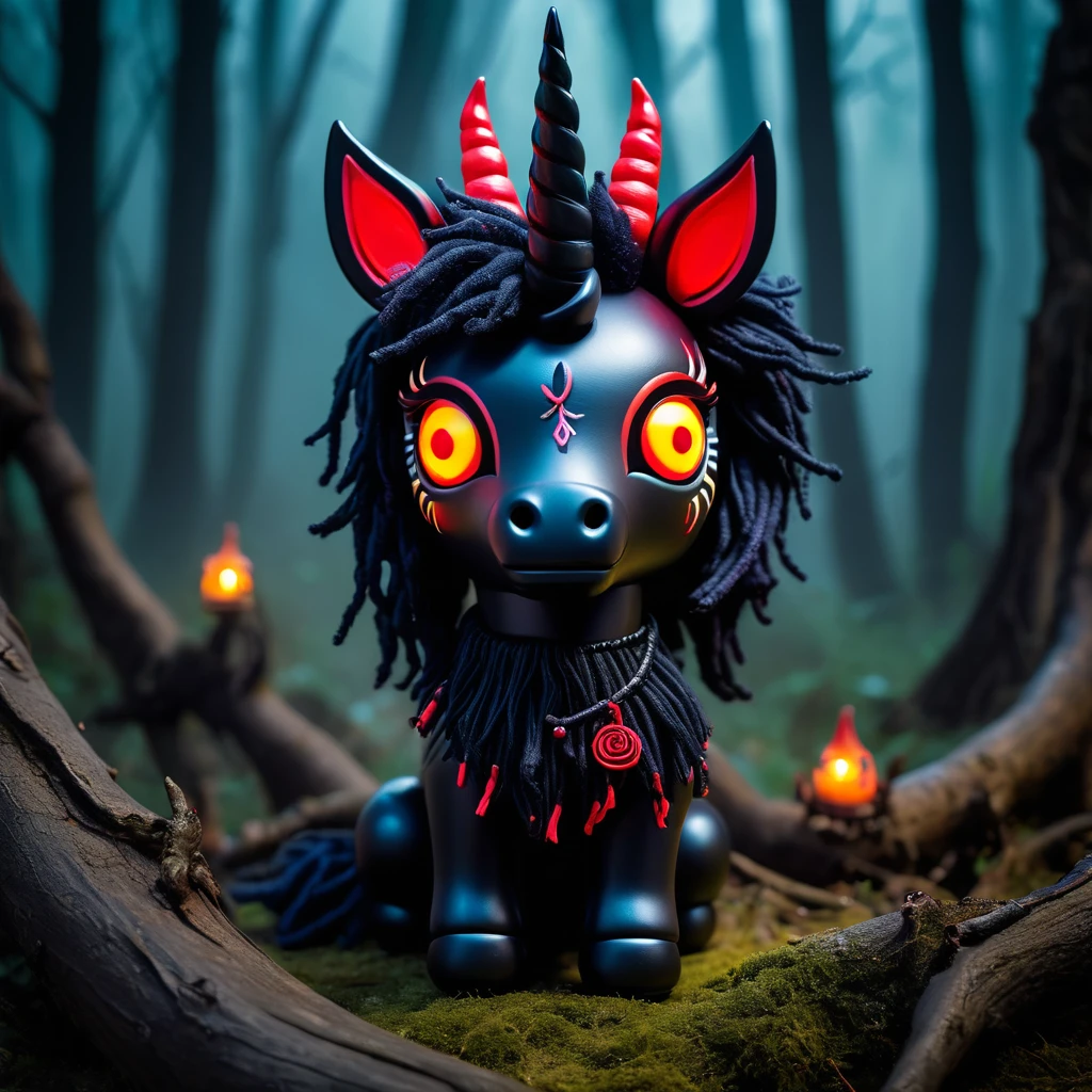 (knitted toy voodoo:1.7), (Voodoo Unicorn:1.3), (Appearance: dark and twisted unicorn with black fur and glowing red eyes:1.0), (Accessories: enchanted horn emitting a cursed glow, floating dark runes:1.1), (background: haunted forest with twisted trees, eerie fog, and an atmosphere of ancient dark magic:1.2), best quality, masterpiece, detailed soft oil painting, detailed background, dramatic cinematic lighting, soft edge lighting, professional, dramatic lighting, hard edge lighting, ultra quality, 4k, masterpiece, best quality, 8k, ultra high definition, high resolution, extremely detailed