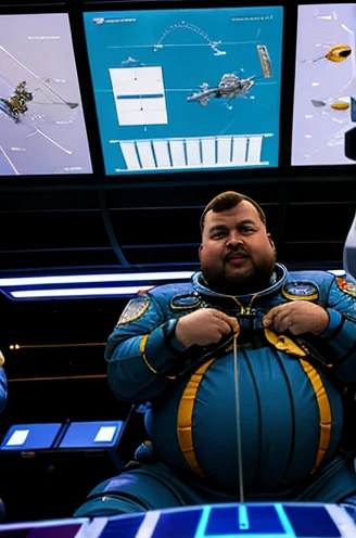 The captain of the astronauts is a plump, chubby man, extremely thick thighs, a large belly, fat. Passing inside the spaceship laboratory , he checks an analysis under the microscope. His arms are holding digital analysis devices. He wears a spacesuit.