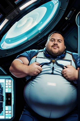 The captain of the astronauts is a plump, chubby man, extremely thick thighs, a large belly, fat. Passing inside the spaceship laboratory , he checks an analysis under the microscope. His arms are holding digital analysis devices. He wears a spacesuit.