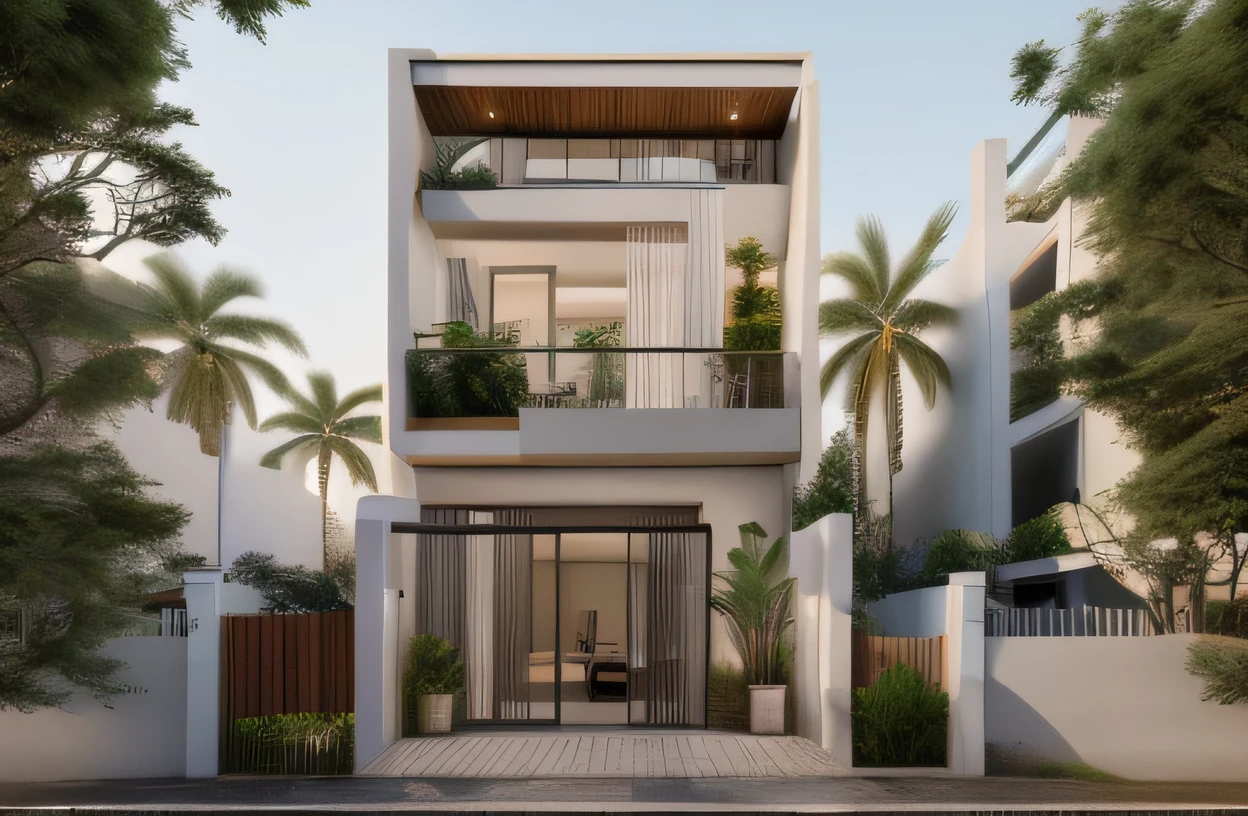 (Townhouse in city ,close houses and trees), daylight ( best quality) ((high solution)) ,(( photo realistic)) ,warm light, (sharp focus) front view of townhouse in style of modern,small house, Narrow area,VietNam,facade, curved arch,beautiful facade,curved windown,narrow and long ,two-storey,mutual colours, soft lighting, warm atmosphere,high Resolution, hyper detailed,4k ,vray render, octane render, hyper realistic, photography expert ,exterior design , professional photography, exterior photography,wide-angle shot , ultra detail , high Resolution , full frame, full body
