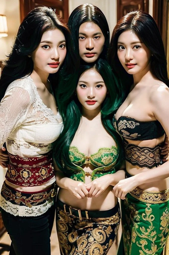 Potrait of a Family, consisting of 4 wife Indonesian-chinese girl and 1 Indonesian boy (24 years old(husband)), Harem (Polygamy), long fashion hair, fit body, small cleavage, skintight green lace kebaya, batik skirt, masterpiece, highly detailed, ultra hd, 8k, detailed face, detailed eyes, perfect eyes, detailed skin texture, detailed lips, sexy lips, perfect hands, dynamic angle, cowboy shot, rich family, BIG BREAST