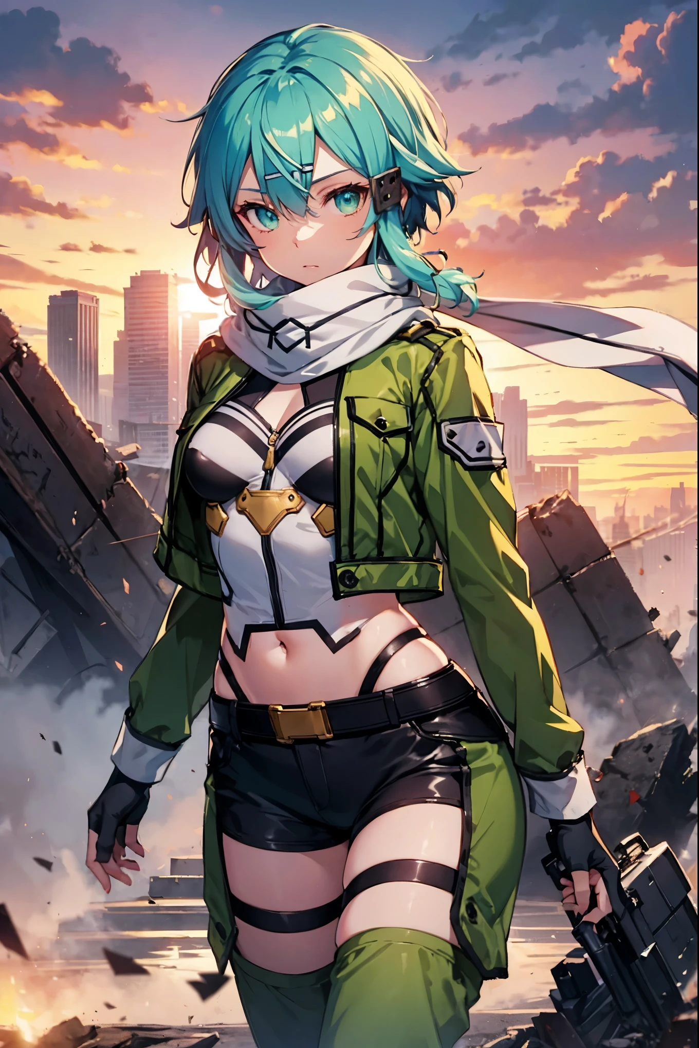 (masterpiece), best quality, expressive eyes, perfect face, highres, sinon1, scarf, fingerless gloves, long sleeves, short shorts,groin, hair ornament, hairclip, green thighhighs, green jacket,covered_nipples, thigh strap, field, sunset_ruins background, ruined structures, dynamic_posing, looking at the viewer, ,covered_navel,