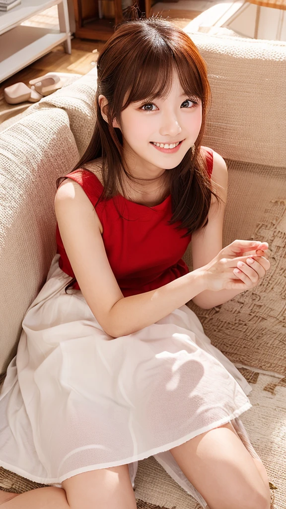 Photos of cute 18 year old Japanese girls、smile、(fullbody shot:1.4)、livingroom