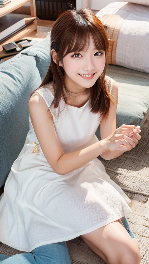 Photos of cute 18 year old Japanese girls、smile、(fullbody shot:1.4)、livingroom