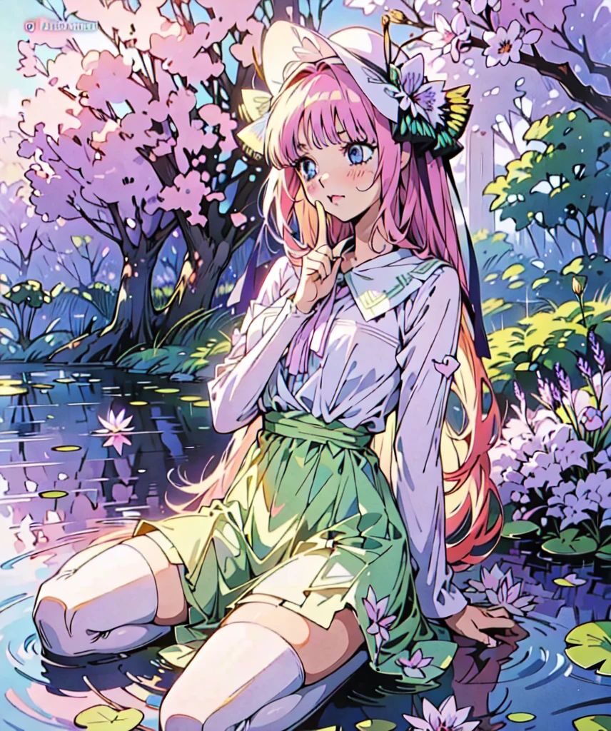 Nino nakano, dressed as sweetie belle from my little pony, solo, 1 girl, in a mythical garden: 2.0, (pink hair, coil curls: 2.5, dark blue heavenly eyes: 1.5, wearing a green and white dress, happy: 1.5, soft smile, her surroundings are ethereal, ((ultra realistic high quality top quality 4k)), one white thin really thin unicorn horn in her forehead: 3.0, bright sunny day: 1.urple and green flowers everywhere: 3.2, bushes, POND WITH LILY PADS: 3.0, jacaranda trees: 2.0, highly detailed jacaranda trees, green grass: 1.3, wearing a white summer hat with purple ribbon, summer dress with flower patterns, dainty features: 2.0,  like features: 2.0 two white cat ears: 1.0, ONE WHITE THIN THIN REALLY THIN HORN ON HER FOREHEAD, two white cat ears, pure white skin, green thigh high, highly detailed legging, purple heel, shiny hair, slightly shiny skin, sun rise, morning, shining ponds, lavender flower everywhere, shining eyes, soft gentle smile cute pink soft light blush,