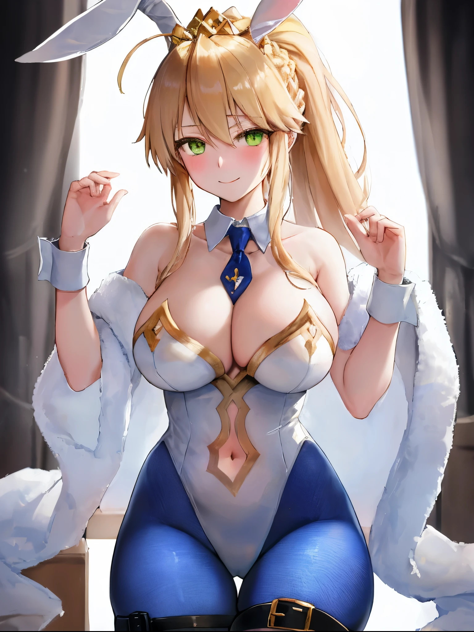 masterpiece, best quality, absurdres, soft lighting, looking at viewer, solo, light_smile, shy,
1girl, ahoge, rabbit ears, bunny, artoria pendragon \(swimsuit ruler\) \(fate\), large breastsde hair, green eyes, french braid, pony tail
bare shoulders, large breasts , clealothing curist cuffs, detached collar, navel cutout, feather boa,
white leotard, blue necktie, blue pantyhose, single thigh strapds_on_head,put_hands_up,
squat,gorgeous_background,solo,rabbit_posing,large_thighs,Extend_fingers,palm,open_legs,.solo