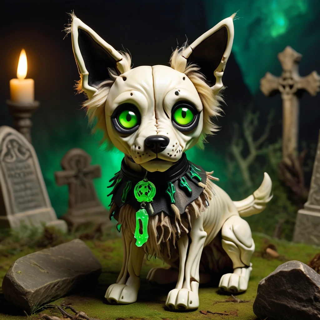(knitted toy voodoo:1.7), (Voodoo Dog:1.3), (Appearance: skeletal dog with patches of decaying fur and glowing green eyes:1.0), (Accessories: enchanted collar emitting a ghostly light, floating bones:1.1), (background: desolate graveyard with broken tombstones, creeping shadows, and an atmosphere of death and despair:1.2), best quality, masterpiece, detailed soft oil painting, detailed background, dramatic cinematic lighting, soft edge lighting, professional, dramatic lighting, hard edge lighting, ultra quality, 4k, masterpiece, best quality, 8k, ultra high definition, high resolution, extremely detailed