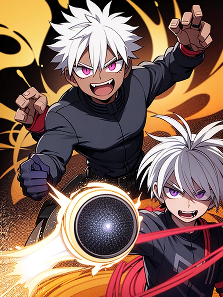 Believe me a My Hero Academia style image of a black skinned boy with white hair and dark purple eyes and controls energy. 