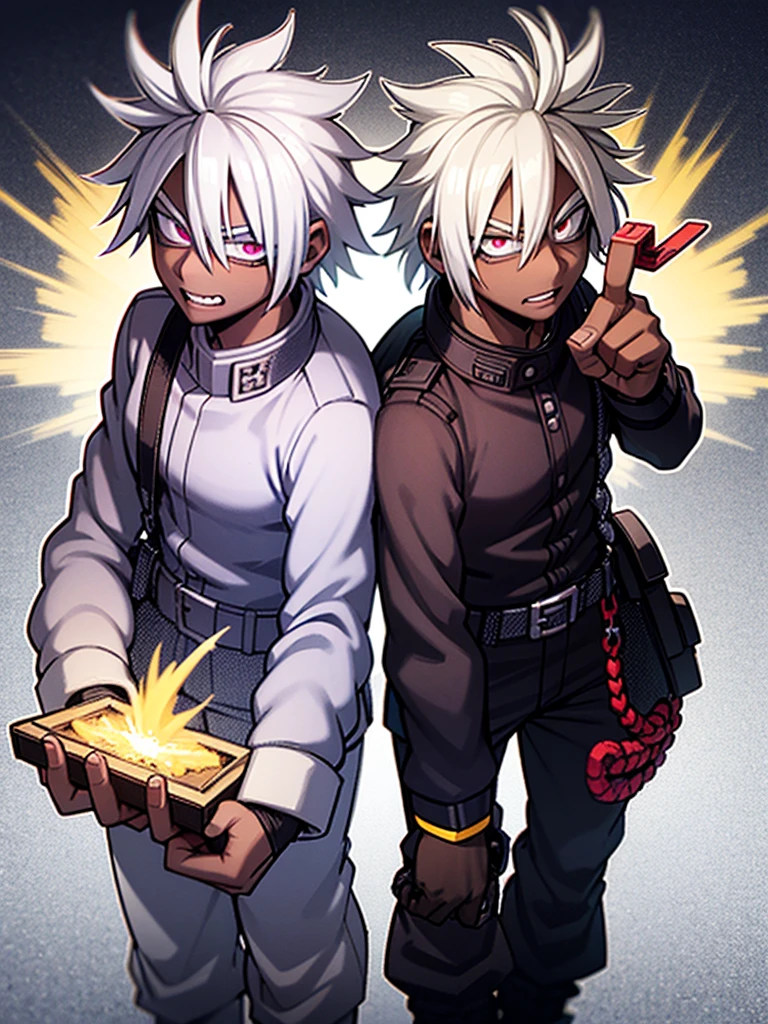 Believe me a My Hero Academia style image of a black skinned boy with white hair and dark purple eyes and controls energy.