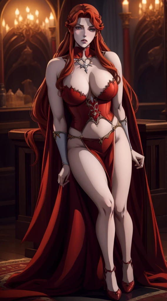 ((photo by full body)), ((photo realist)), 1 girl, (new: 1.2), 8K, high resolution, finely detailed skin, new, perfect shaped breasts, Lenore de Castlevania, vampyre, Red hair,