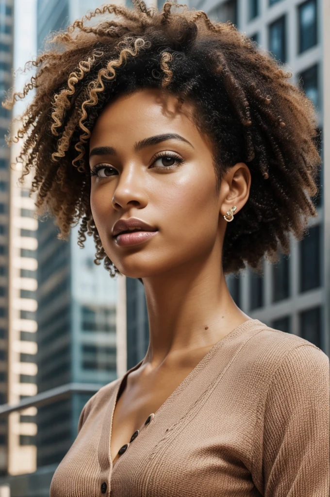 (front view) very detailed photograph of a mixed race woman, light skin, (with curly hair), (symmetric beautiful face) nice and well defined button nose, proportioned and big lips, stunning realistic photography, fit body, cocktail dress, realistic soft color, city background, octane render, intricately detailed, sharp focus, stunning full color, shot on DSLR camera, 32k resolution, best quality, (focus on skin