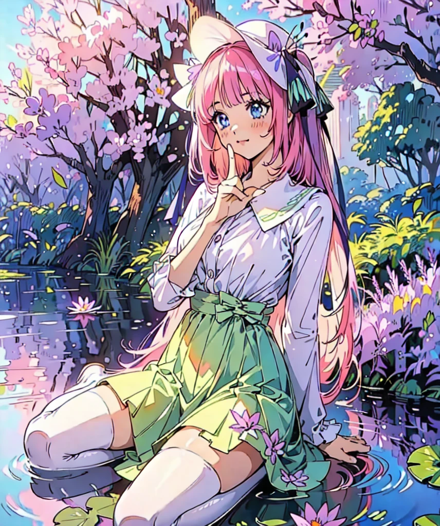 Nino nakano, dressed as sweetie belle from my little pony, solo, 1 girl, in a mythical garden: 2.0, (pink hair, coil curls: 2.5, dark blue heavenly eyes: 1.5, wearing a green and white dress, happy: 1.5, soft smile, her surroundings are ethereal, ((ultra realistic high quality top quality 4k)), one white thin really thin unicorn horn in her forehead: 3.0, bright sunny day: 1.urple and green flowers everywhere: 3.2, bushes, POND WITH LILY PADS: 3.0, jacaranda trees: 2.0, highly detailed jacaranda trees, green grass: 1.3, wearing a white summer hat with purple ribbon, summer dress with flower patterns, dainty features: 2.0,  like features: 2.0 two white cat ears: 1.0, ONE WHITE THIN THIN REALLY THIN HORN ON HER FOREHEAD, two white cat ears, pure white skin, green thigh high, highly detailed legging, purple heel, shiny hair, slightly shiny skin, sun rise, morning, shining ponds, lavender flower everywhere, shining eyes, soft gentle smile cute pink soft light blush,