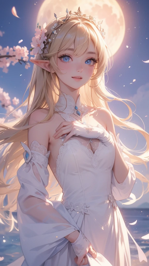 work of art, ultra creative, epic details, ultra detaild, best resolution, Woman, blonde, (BEAUTIFUL ELF), {{ beautiful and rustic flower crown on head}}, sculptural body, ((brown clothes)) ((perfect hands))), pink scenery, no mistakes, (((rosto ultra detaild ))), ((( olhos ultra detailds ))) (( blue eye)) glad, (expression of joy), (big open smile), Simple smile, ( moon in the background), ( Sakura petals around ) wearing white gloves 