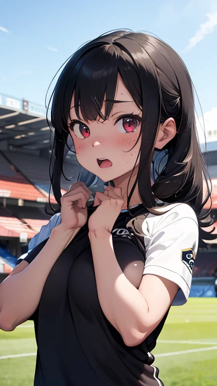 mastute piece,Best Quality,insanely detailed,8k cg,nsfw,
(shoot upper body:1.3),
(1girls:1.3),standing,looking at viewr,body in front,both arms behind back,(soccer uniform:1.3),(bare breasts:1.1),(bare nipples:1.1),
break,
blush,shy,(ecstasy face),(trembling:1.2),break,(light black hair:1.2),
break,
perfect breasts,perfect teats,(open mouth:0.9),(large breasts:1.2),
(soccer field),