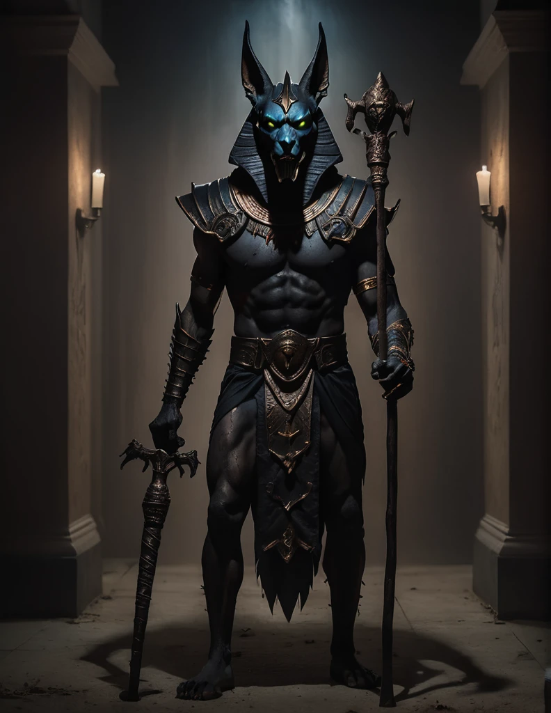 a man dressed as realistic zumbi Anubis halloween costume design, intimidating scary psychopathic man, anubis mask, dark energy, black costume, zumbi style, holding a staff, full body highly detailed, cinematic lighting, dramatic atmosphere party entrance, photorealistic, 8K, masterpiece