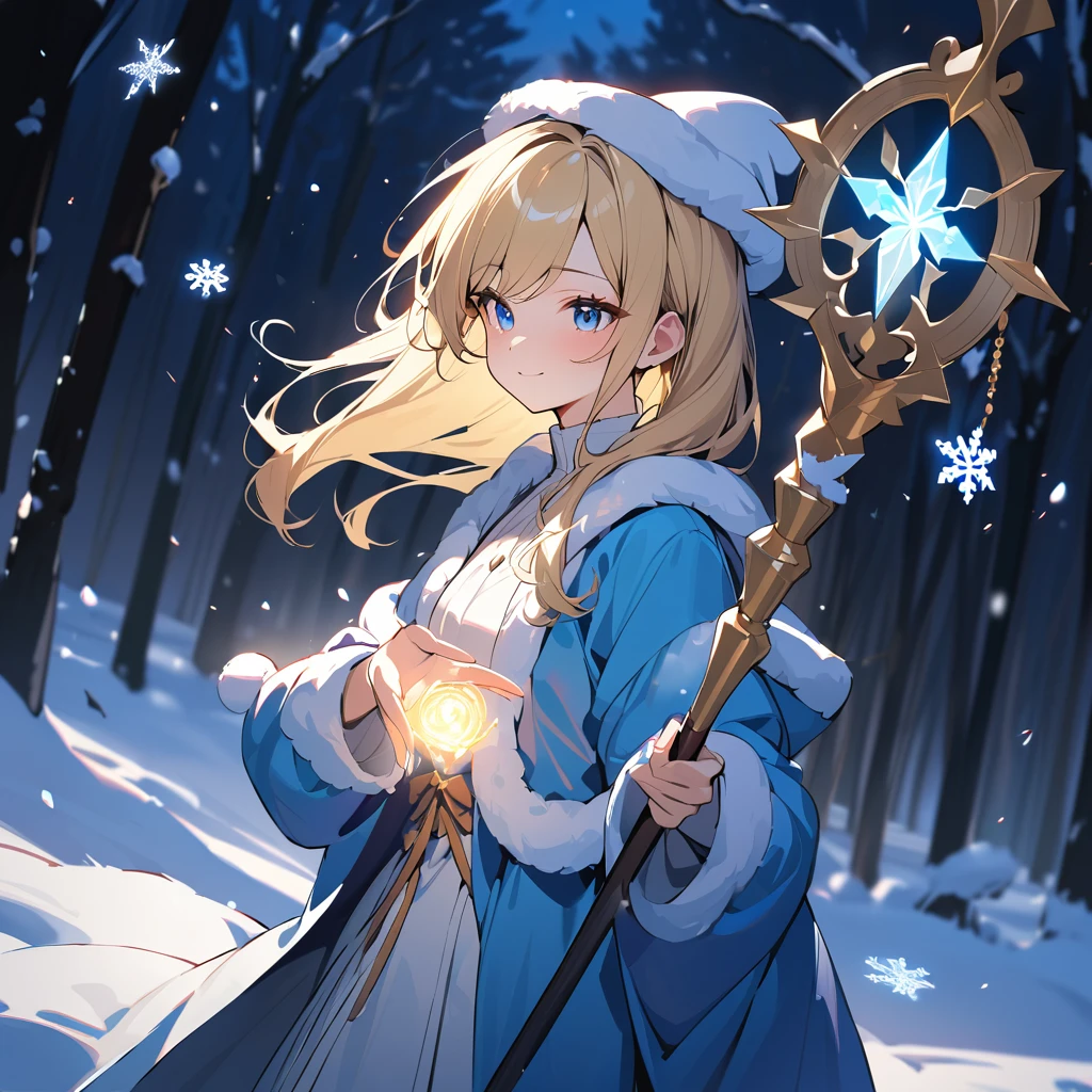 (masterpiece:1.5), highest quality, very aesthetic, absurdres, anime style, 1girl, mage girl, high school girl, beautiful, female, 17 years old, long blonde hair, hair blowing in the wind, blonde hair, focused expression, slight smile, blue robe, pointed hat, holding a staff, casting a spell, snowflakes swirling around, snow-covered trees, moonlit snowy field in the distance, heavy snowfall, moonlight reflecting off the snow, magical glow around the girl, serene snowy landscape, sharp focus on subject, vivid colors, magical and enchanting atmosphere, soft light and shadows