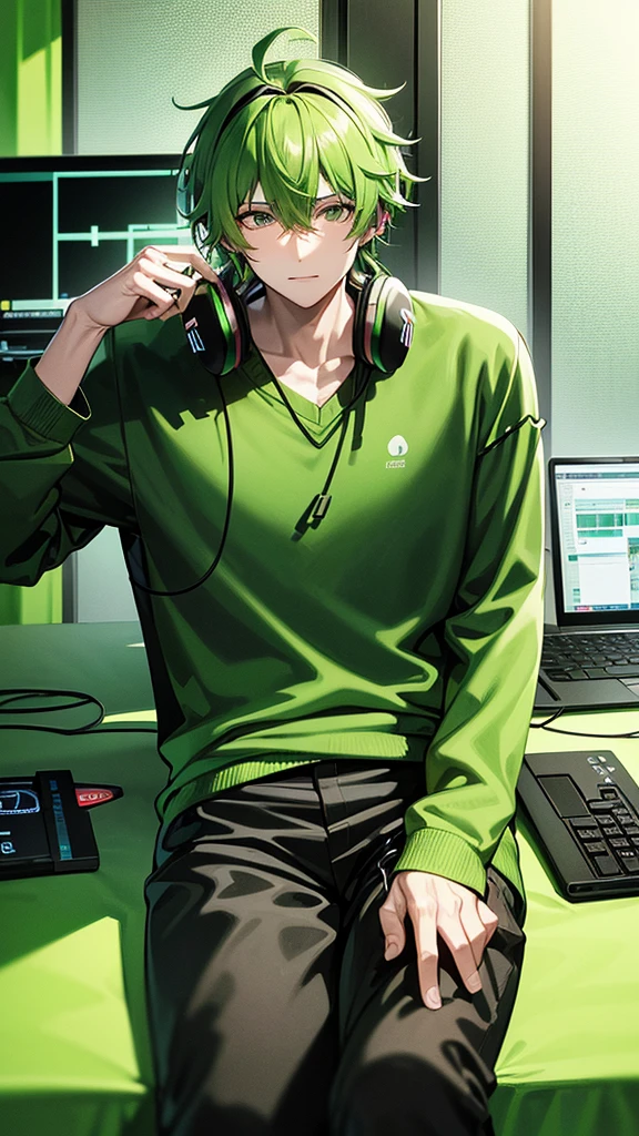 a man with green hair sitting in front of a computer, male anime character, casual green clothing, bright green hair, he has headphones, ( ( bit flip | god of ai art ) ), ( ( god king of ai art ) ), anime handsome man, geeen skin, wearing a gaming headset, koda kazuma, wearing black headphones
