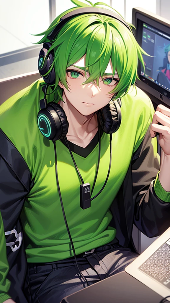 a man with green hair sitting in front of a computer, male anime character, casual green clothing, bright green hair, he has headphones, ( ( bit flip | god of ai art ) ), ( ( god king of ai art ) ), anime handsome man, geeen skin, wearing a gaming headset, koda kazuma, wearing black headphones