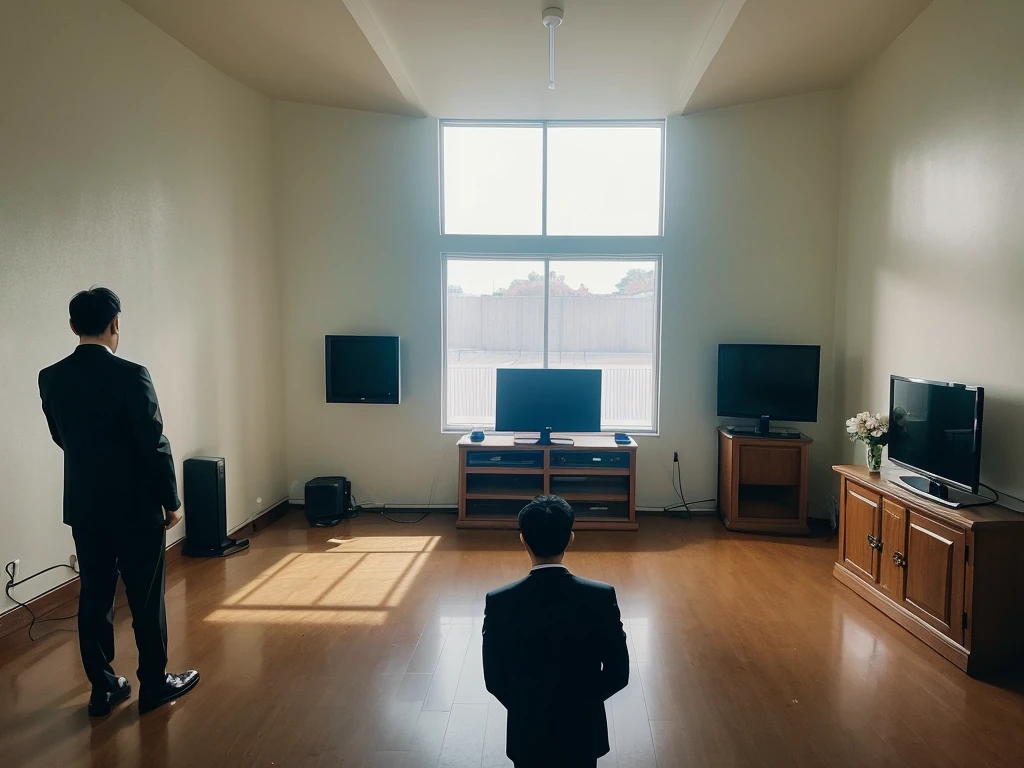 Several men in suits are standing at the entrance to a funeral hall with a single television, Funeral, Photo taken from behind,Screen 16:9, watching tv, beautiful photo, Sunny place, External light, watching tv, Small TV screen, White wall, Flowers are laid out