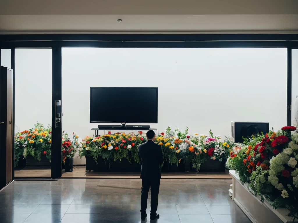 Several men in suits are standing at the entrance to a funeral hall with a single television, Funeral, Photo taken from behind,Screen 16:9, watching tv, beautiful photo, Sunny place, External light, watching tv, Small TV screen, White wall, Flowers are laid out