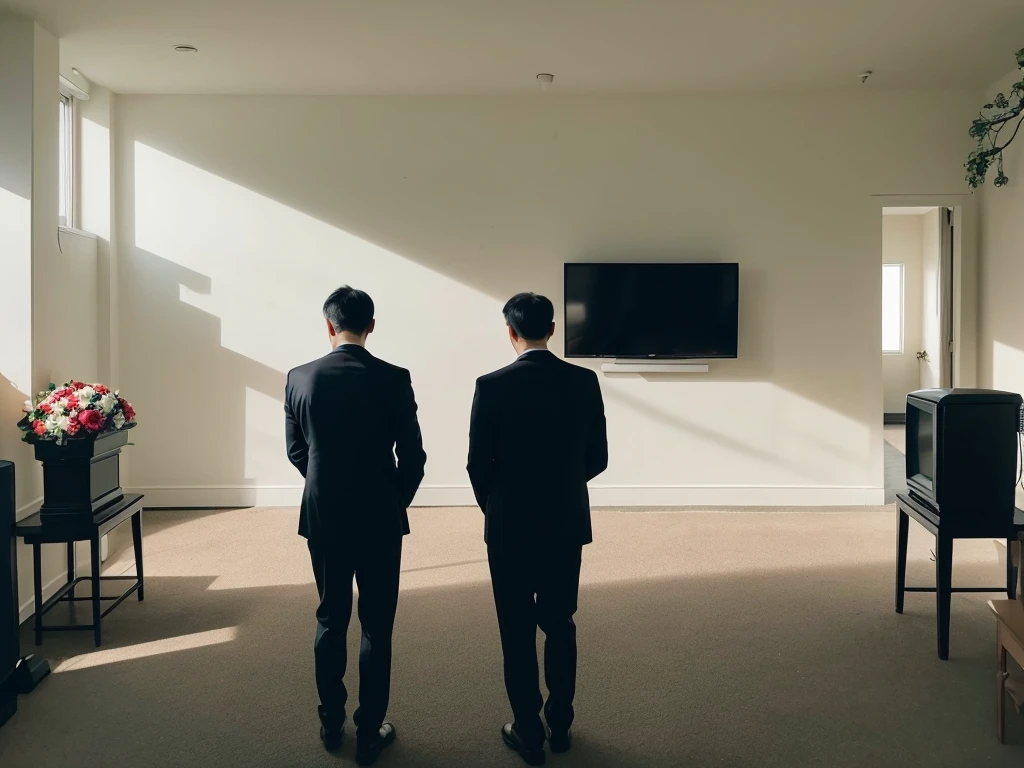 Several men in suits are standing at the entrance to a funeral hall with a single television, Funeral, Photo taken from behind,Screen 16:9, watching tv, beautiful photo, Sunny place, External light, watching tv, Small TV screen, White wall, Flowers are laid out