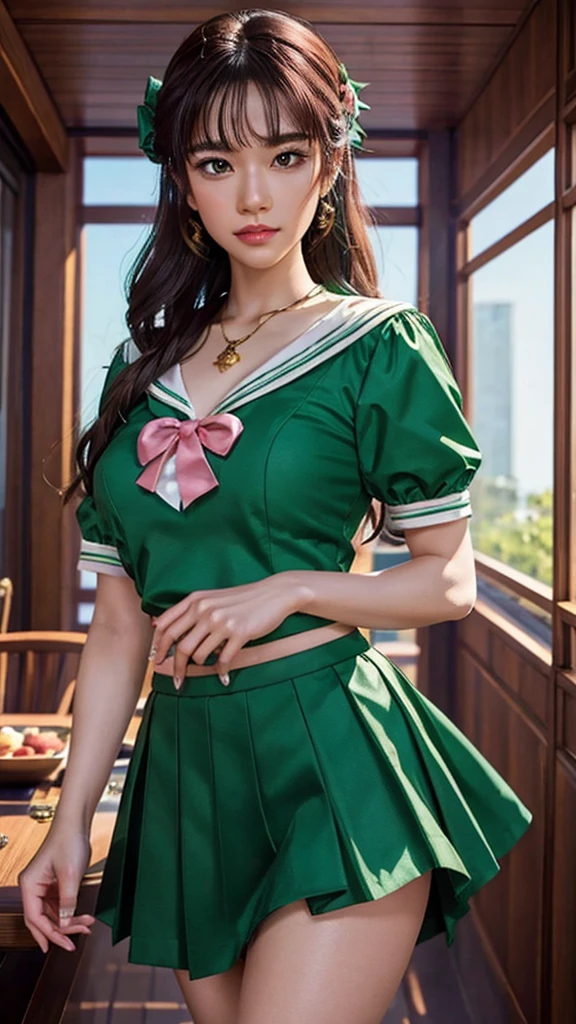 The Sailor Jupiter of your dreams, brought to life in a beautiful and intricate portrait. Her emerald green skirt and rose pink top are perfectly complemented by the sharp knife she holds in her hand. The level of detail in this piece is reminiscent of the meticulous artistry found in the Knights of the Zodiac series. A true masterpiece that captures the essence of fantasy and anime in one stunning image.