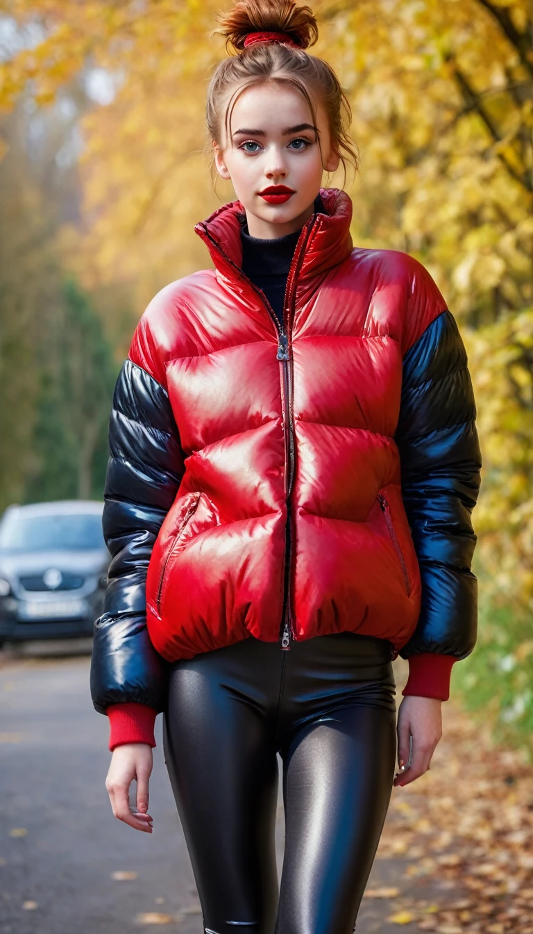 ultrarealistic high quality fullbody photo of a beautiful slim european girl with cute hyperdetailed shy face and natural redhead short messy bun and mischievous face, realistic round hazel eyes, red lips, dark eye makeup with eyeliner, wearing shiny red puffer jacket and faux leather leggins, hourglass body, outdoor shooting