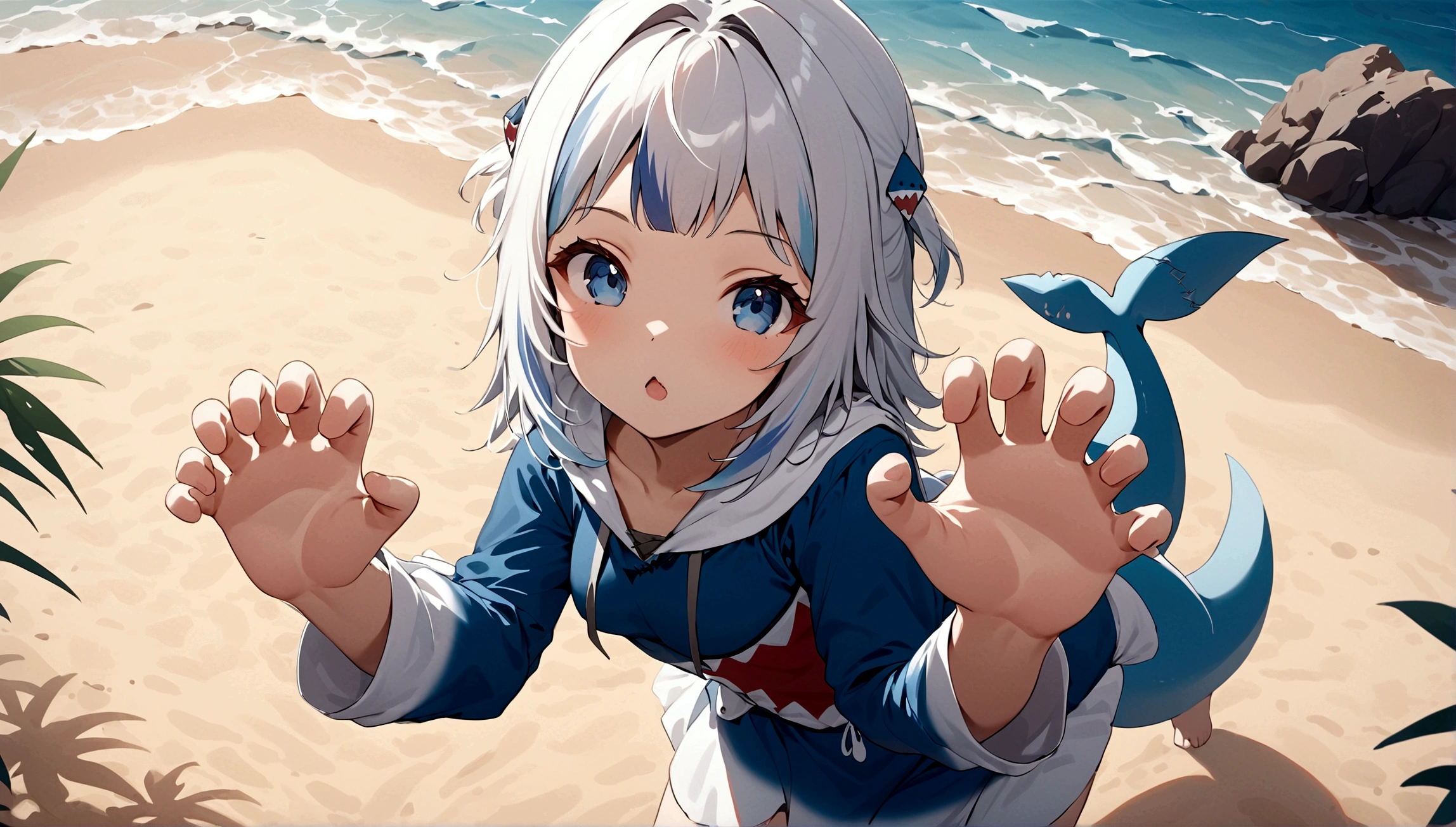 pinup girl pose, Expressiveh, masterpiece, highly detailed, close shot, dynamic pose, centered, 1girl, gawr gura, paw hands, cute pose, rawr, beach background, epic composition, epic proportion, 8K
