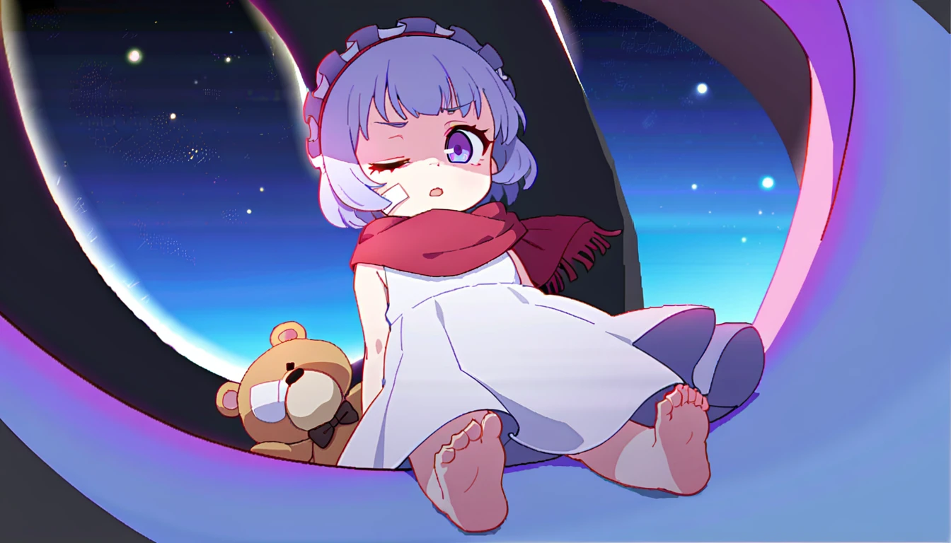 (((masterpiece))), (((best quality))),(((high detail))),light manipulation, darkness manipulation, portal manipulation, girl with silver hair, a normal eye on the left, a gradient purple to sky blue eye on the right, wearing a white dress, a red scarf, a white eyepatch on her right eye, (((loli))), (((child))) , galaxy background, holding a teddy bear, feet, no footwear