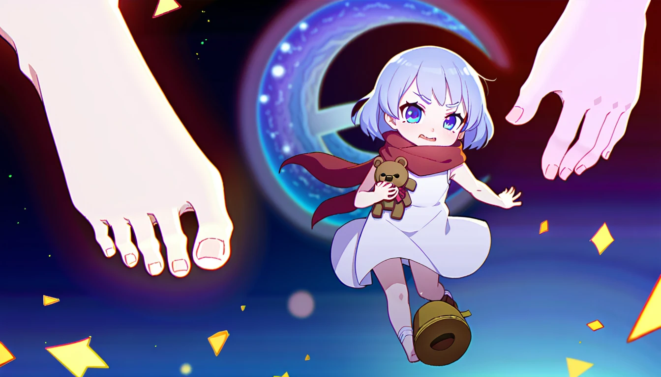 (((masterpiece))), (((best quality))),(((high detail))),light manipulation, darkness manipulation, portal manipulation, girl with silver hair, a normal eye on the left, a gradient purple to sky blue eye on the right, wearing a white dress, a red scarf, a white eyepatch on her right eye, (((loli))), (((child))) , galaxy background, holding a teddy bear, feet, no footwear