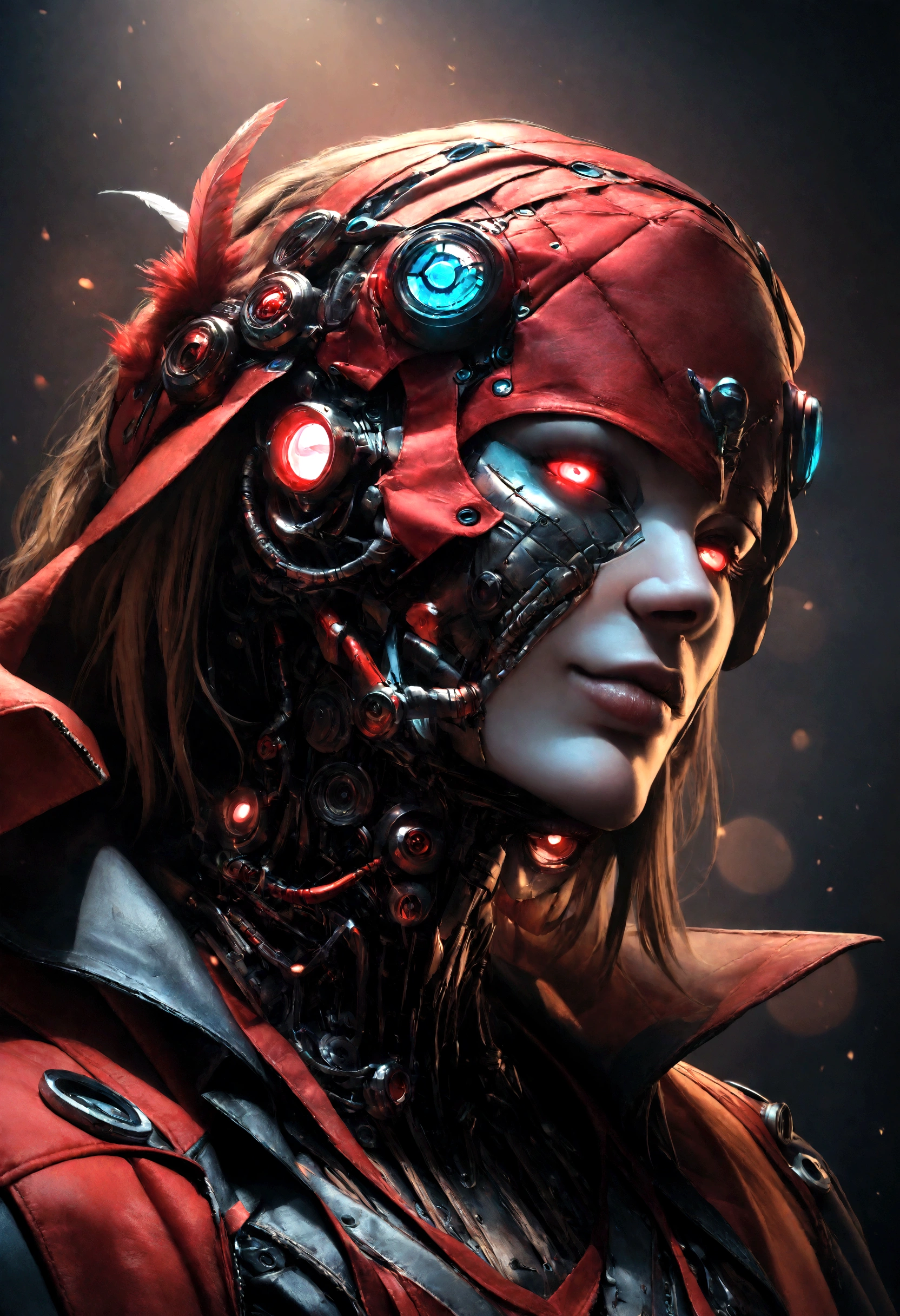 A cyborg Shark Girl doctor, Shark-themed design, devilcore art style, best quality, 4k, 8k, highres, masterpiece, ultra-detailed, realistic, photorealistic, photo-realistic, HDR, UHD, studio lighting, ultra-fine painting, sharp focus, physically-based rendering, extreme detail description, professional, vivid colors, bokeh, dark moody lighting, gothic horror, dark fantasy, intricate details, mechanical parts, feathers, glowing eyes, ominous atmosphere, dramatic lighting, black and red color palette