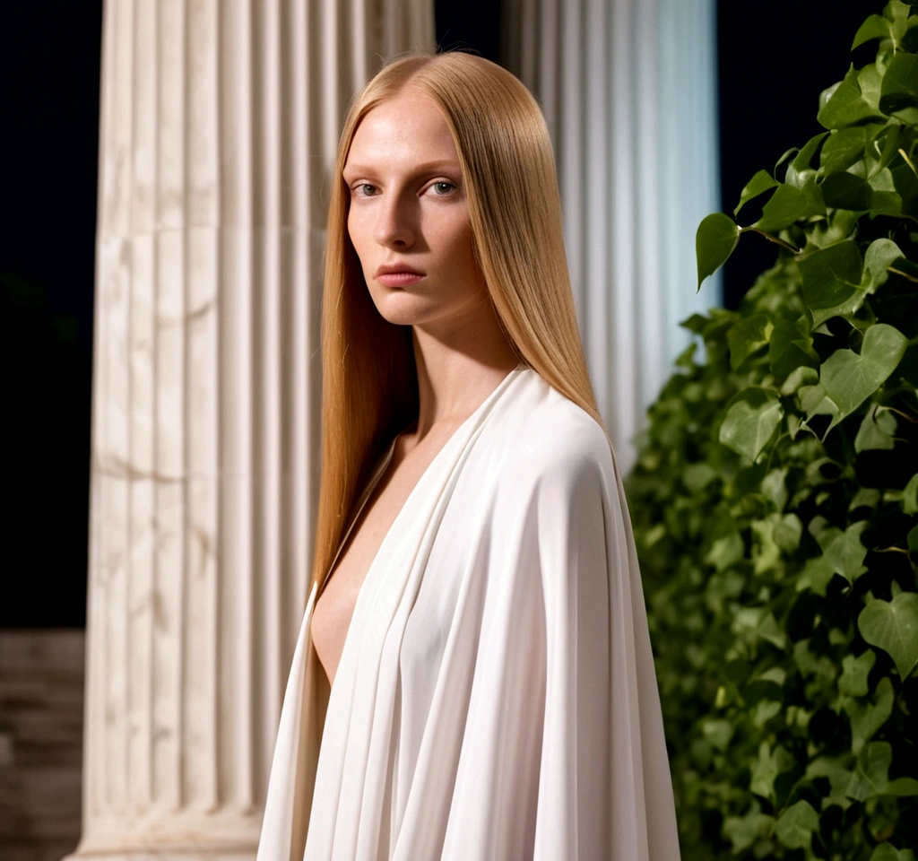 Close-up shot from the front, windy, a wise serene cool smart keen green Almond eyes light Blonde eyelashes bare-faced rosy fair skin 24-year-old Russian model woman with (((simple Straight Straight Straight Straight Straight ultra-long ultra-long ultra-long ultra-long ultra-long ultra-long))) shiny ginger hair in simple white Draped Medieval cloak. The scene is overgrown Ivy coils around the white marble columns of an ancient Greek temple. very soft cinematic lighting, pale blue tone, night.