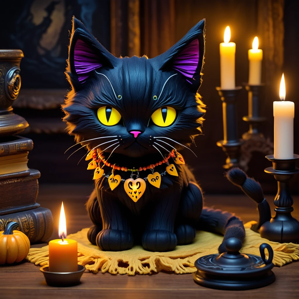 (knitted toy voodoo:1.7), (Voodoo Cat:1.3), (Appearance: black cat with glowing yellow eyes and a ghostly aura:1.0), (Accessories: enchanted collar emitting an ominous glow, floating spectral paws:1.1), (background: haunted house with creaking floors, flickering candles, and an atmosphere of chilling suspense:1.2), best quality, masterpiece, detailed soft oil painting, detailed background, dramatic cinematic lighting, soft edge lighting, professional, dramatic lighting, hard edge lighting, ultra quality, 4k, masterpiece, best quality, 8k, ultra high definition, high resolution, extremely detailed