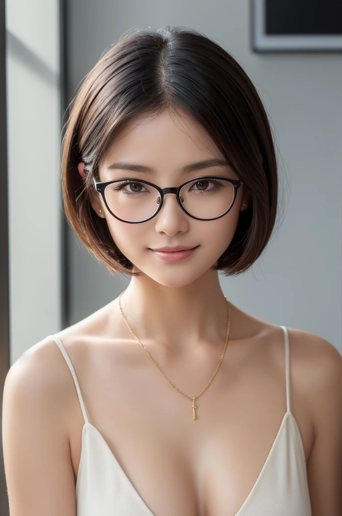 ((Highest quality, 8K, masterpiece: 1.3)), concentrated: 1.2, Perfect Body Beauty: 1.4, ((Layered Haircut,Small breasts: 1.2)), (Office desk:1.3), (Black camisole, Glasses : 1.3) valley,　A shy smile,Highly detailed face and skin texture, Simple Necklace, (Beautiful, clear black eyes:1.3), double eyelid ,White skin, medium brown bob hair, golden ratio, (shut up: 1.3),