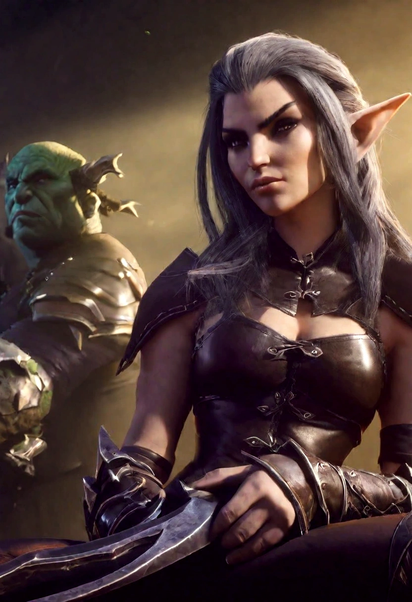 (a group of dangerous thief women, varied elves, half orcs, goblins, varied height, varied weight, sexy leather outfits, small weapons, relaxing in their rogue den, looking at viewer, best quality, 4k, 8k, highres, masterpiece:1.2, ultra-detailed, realistic, photorealistic, photo-realistic:1.37, fantasy, dark fantasy, chiaroscuro, dramatic lighting, moody atmosphere, cinematic, gritty)
