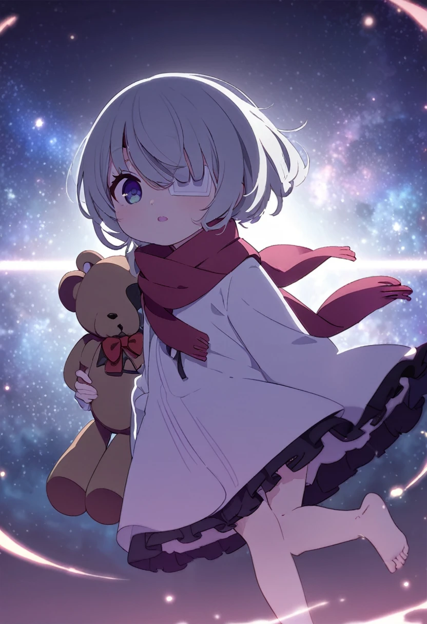 (((masterpiece))), (((best quality))),(((high detail))),light manipulation, darkness manipulation, portal manipulation, girl with silver hair, a normal eye on the left, a gradient purple to sky blue eye on the right, wearing a white dress, a red scarf, a white eyepatch on her right eye, (((loli))), (((child))) , galaxy background, holding a teddy bear, feet, no footwear