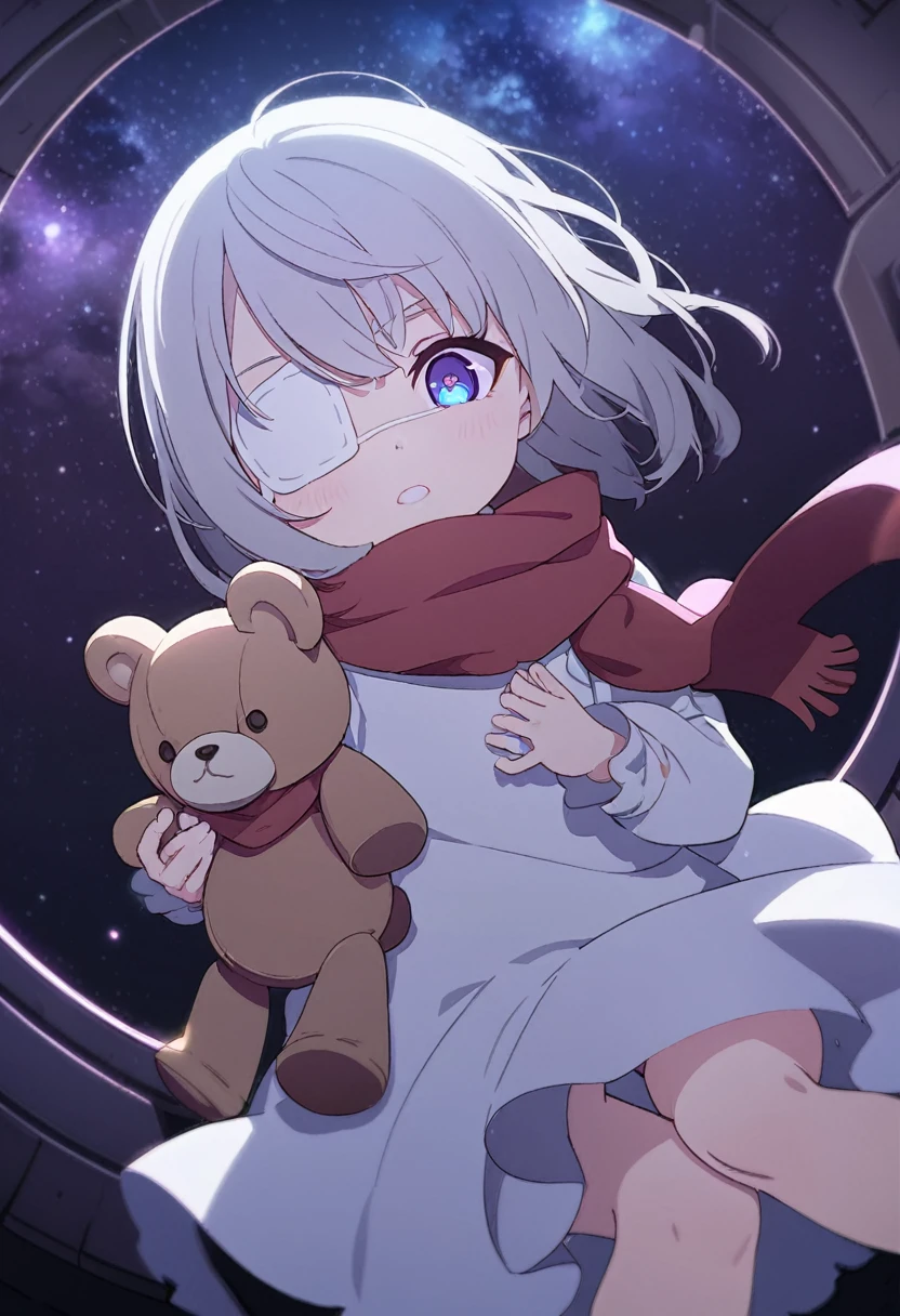 (((masterpiece))), (((best quality))),(((high detail))),light manipulation, darkness manipulation, portal manipulation, girl with silver hair, a normal eye on the left, a gradient purple to sky blue eye on the right, wearing a white dress, a red scarf, a white eyepatch on her right eye, (((loli))), (((child))) , galaxy background, holding a teddy bear, feet, no footwear