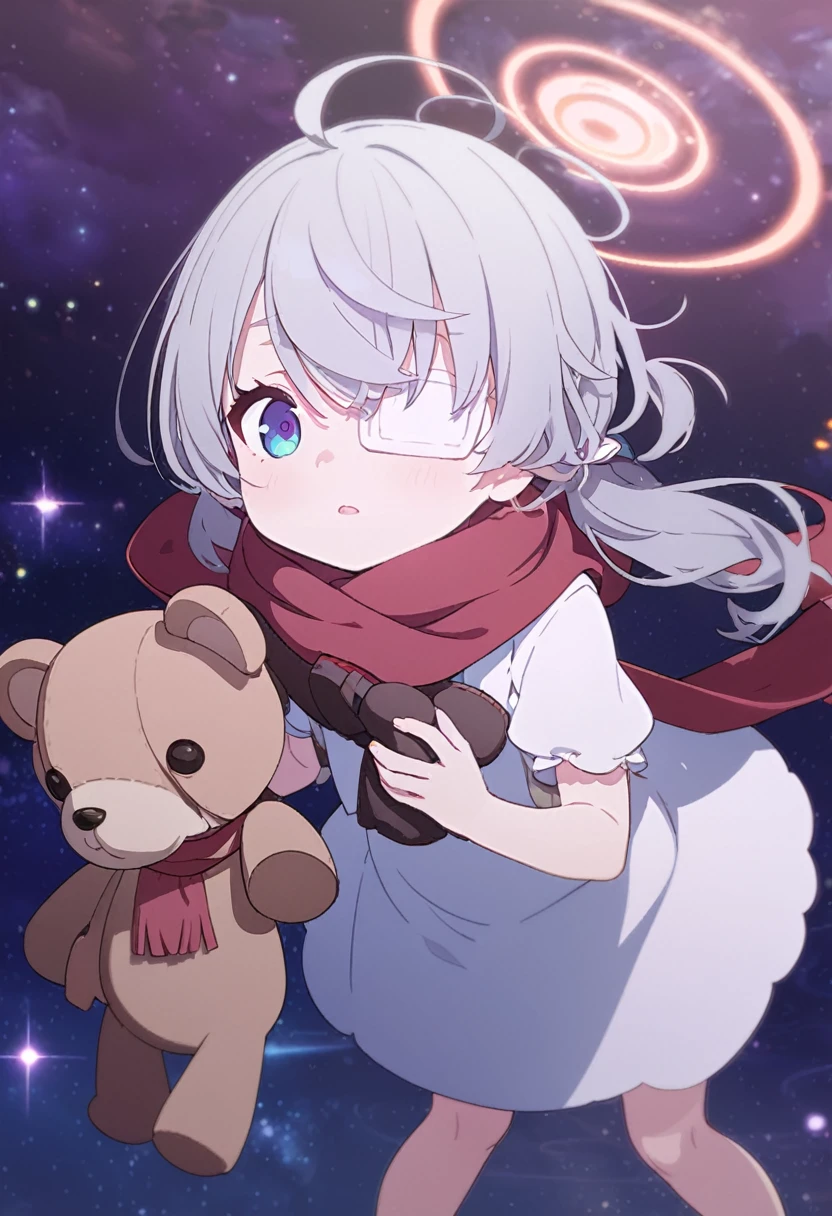 (((masterpiece))), (((best quality))),(((high detail))),light manipulation, darkness manipulation, portal manipulation, girl with silver hair, a normal eye on the left, a gradient purple to sky blue eye on the right, wearing a white dress, a red scarf, a white eyepatch on her right eye, (((loli))), (((child))) , galaxy background, holding a teddy bear, feet, no footwear